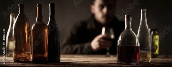 Obraz The Bottles on a Rustic Bar Table with Man Sipping Wine in Shadows