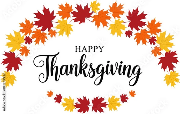 Obraz Celebration text hand drawn happy thanksgiving calligraphy text for greeting card. Happy Thanksgiving typography with berries and leaves for postcard icons badge. Vector realistic isolated typography.