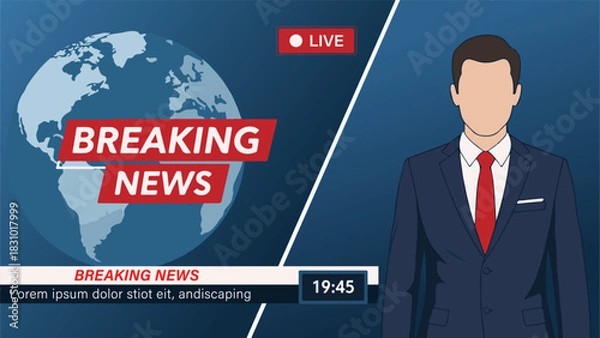Obraz TV Breaking news reporter studio with broadcaster and breaking world background in a well decorated studio setup vector illustration.