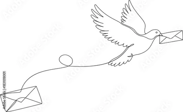 Obraz Flying Dove with letter continuous line art style  for decorative element vector illustration of animal form in trendy outline style. vector illustration eps 10.