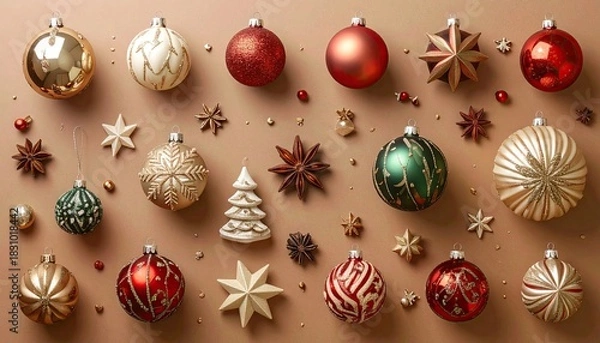 Obraz Elegant Christmas Ornaments and Festive Decorations Arranged on a Warm Background.