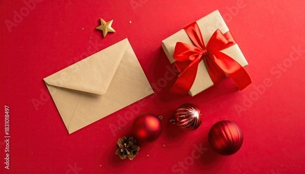 Obraz Festive Christmas arrangement with gift box envelope ornaments and star on red background.