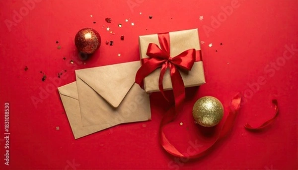 Obraz Festive Christmas Gift Box With Envelopes And Ornaments On Red Background.