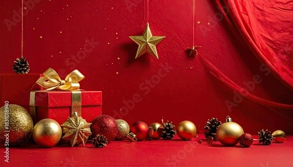 Obraz Elegant Red and Gold Christmas Holiday Decoration Display with Gift Box and Ornaments.