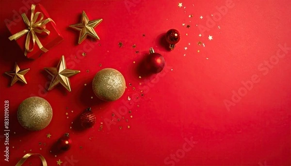 Obraz Festive Christmas ornaments and glitter scattered on a vibrant red background for holiday celebration.