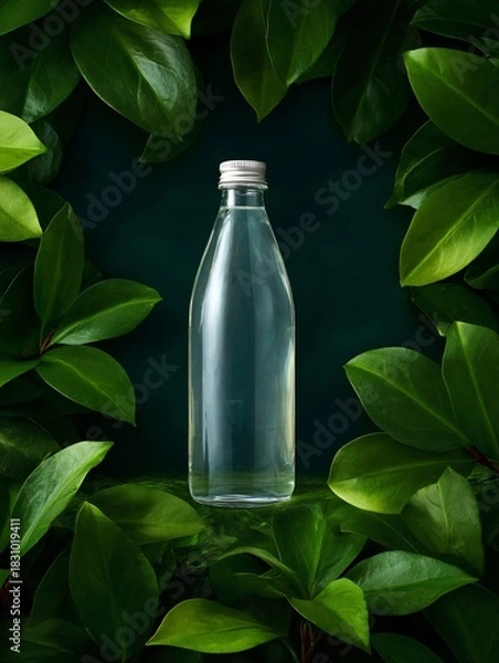 Fototapeta Pure water glass bottle surrounded by lush green leaves still life photography nature environment close-up view