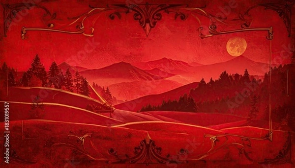 Obraz Dramatic Red Landscape with Full Moon and Ornate Borders.