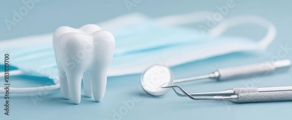 Obraz The Tooth Model with Dental Tools and Protective Mask on Blue Background