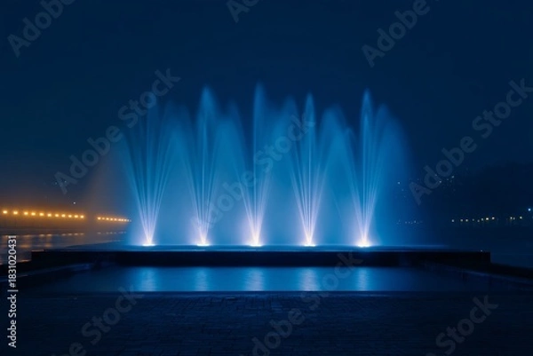 Fototapeta Illuminated public fountains in blue lights urban park night scene serene environment captivating viewpoint artistic concept