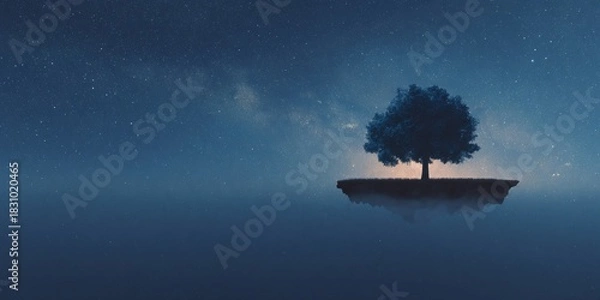 Fototapeta Majestic glowing tree on floating island at night digital art ethereal environment surreal viewpoint