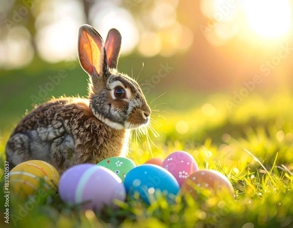 Fototapeta Brown rabbit poses next to colorful eggs in bright grass field against a sunny backdrop