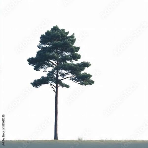 Fototapeta Isolated tall pine tree on white background nature scene minimalist aesthetic outdoor environment vertical perspective