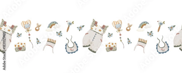 Fototapeta Newborn baby objects seamless border, hand-drawn vector horizontal divider with rompers, bibs, bonnets, and rainbow for baby announcement cards and banners.