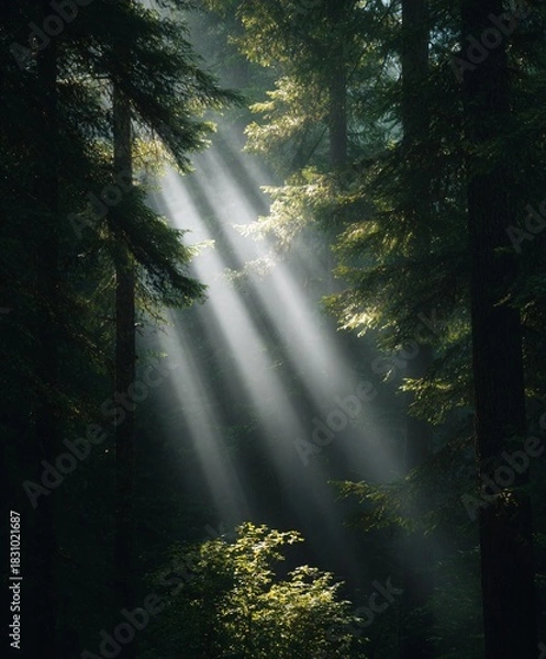 Fototapeta Dramatic sunlight streaming through dense forest nature scene captivating atmosphere serene environment