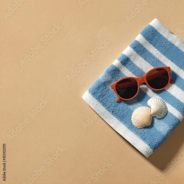 Fototapeta Relaxing beach scene with towel sunglasses and seashells tropical paradise top view summer vibes