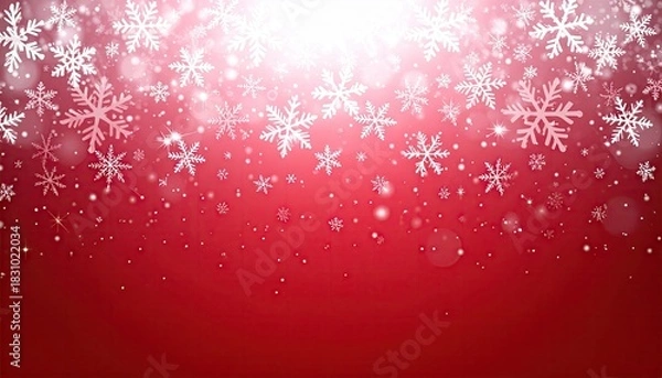 Obraz Festive Red Background with Falling White Snowflakes and Bokeh Lights.