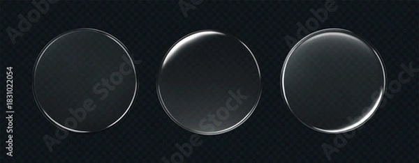 Fototapeta 3d liquid glass disc with soft halo effect isolated on dark background. Render of transparent glass button, podium or mirror with neon gradient texture. 3D vector UI figure for tech interface