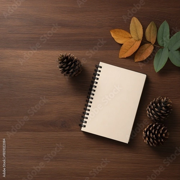 Obraz Top view of wooden desk with leaves and pine cones nature inspired cozy home office autumn vibes