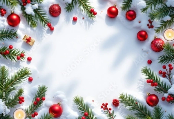 Fototapeta A cheerful and festive Christmas-themed background featuring a border made of fresh green fir tree branches, adorned with vibrant red Christmas baubles 
