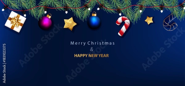 Obraz Merry Christmas blue web banner with realistic 3d candy cane, balls and lamps. Border decoration element. Holiday card vector X-mas design with branches.