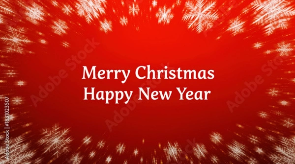 Fototapeta A simple red greeting card with decorative snowflakes surrounding the message 'Merry Christmas and Happy New Year' in elegant font.