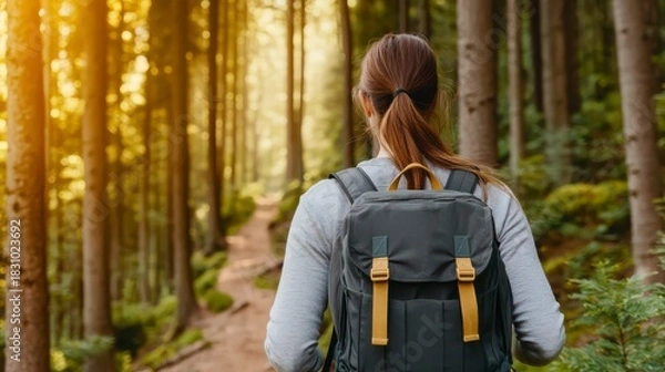 Fototapeta A person walks through a sunlit forest path, carrying a backpack, surrounded by tall trees and vibrant greenery.