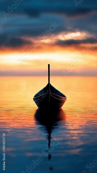 Fototapeta A small boat floats on calm water, reflecting the colors of a vibrant sunset. The sky is filled with dramatic clouds, creating a peaceful and serene atmosphere.