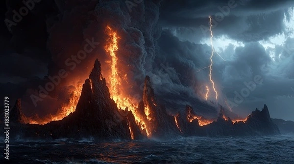 Fototapeta Dramatic landscape of fiery mountains erupting with lightning strikes under a dark, stormy sky. The scene depicts a volcanic eruption over the sea.