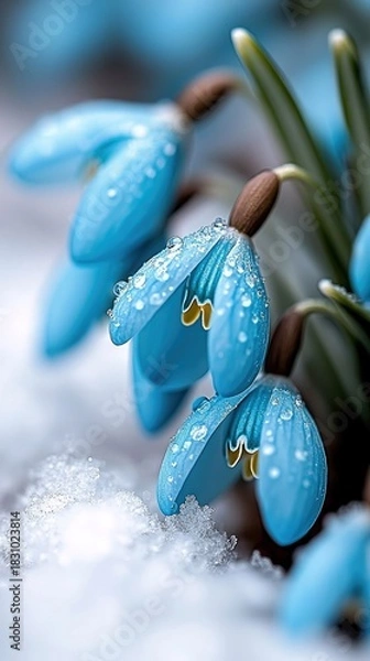 Fototapeta Close-up of vibrant blue snowdrop flowers covered in water droplets, emerging from snow, evoking a sense of spring and renewal.