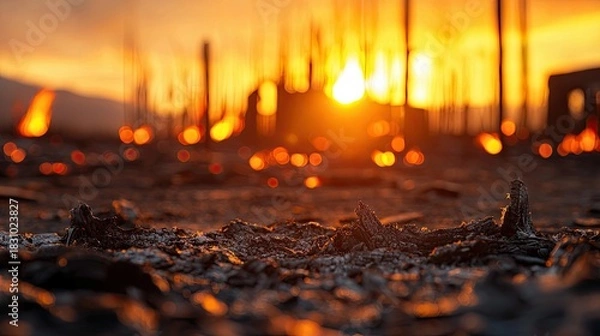 Fototapeta Close-up of burnt ground with a fiery sunset in the background, depicting the aftermath of a fire during golden hour.