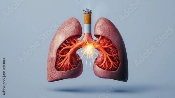 Fototapeta A visual representation of lungs intertwined with a cigarette, symbolizing the harmful effects of smoking on respiratory health.