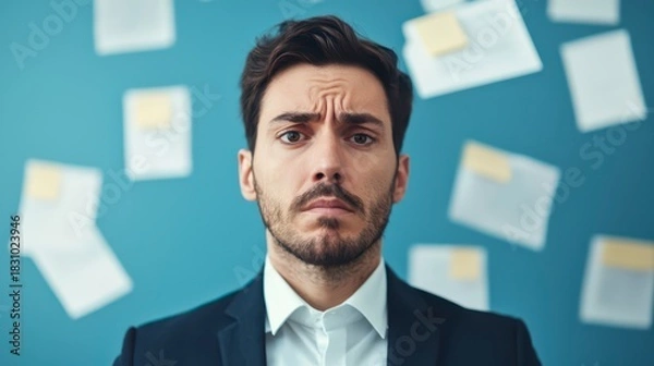 Fototapeta A concerned man in a suit stands against a blue wall, surrounded by scattered notes, reflecting anxiety or stress.
