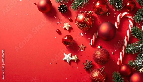 Obraz Festive Christmas ornaments and pine branches arranged on a vibrant red background for holiday celebration.