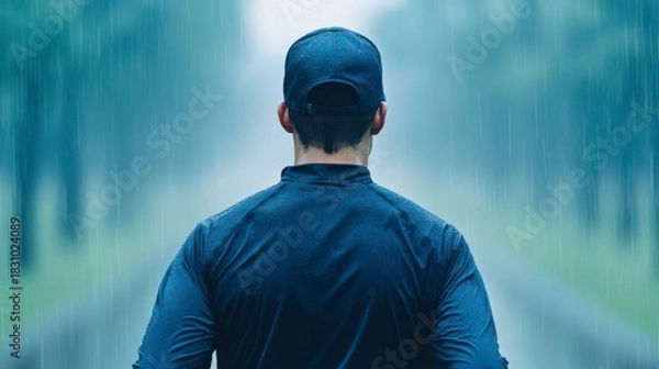 Obraz A solitary figure stands in the rain, gazing into the distance, embodying resilience and determination amidst a moody, atmospheric landscape.