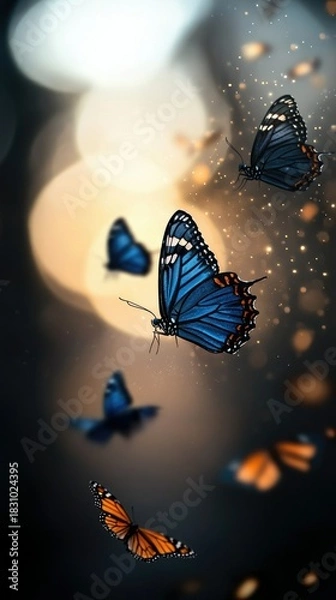 Fototapeta Several butterflies with blue and orange wings are flying in front of a bokeh background with a dark atmosphere.