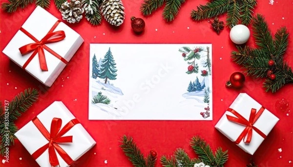 Obraz Festive holiday flat lay with gift boxes pine branches and blank greeting card.