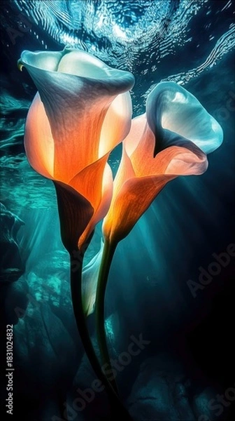 Fototapeta Two calla lilies glow with warm light underwater, creating a dramatic and artistic scene.