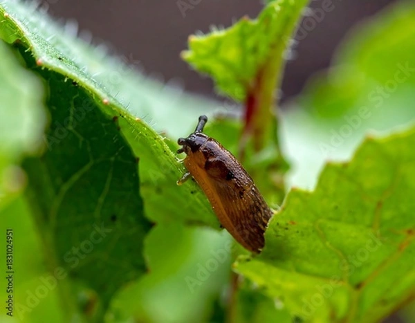 Fototapeta Brown slug crawls on a bright green leaf, showcasing texture and detail in a natural outdoor setting