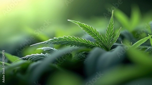 Fototapeta Close-up of a cannabis leaf in a field of green plants, with soft lighting and a blurred background.