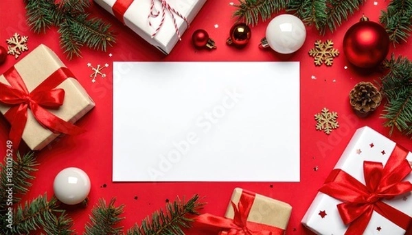 Obraz Festive Christmas flat lay with gift boxes ornaments and blank card for message.