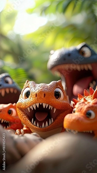 Fototapeta A group of cartoon dinosaurs with open mouths are shown in a close-up shot, surrounded by lush green foliage. The dinosaurs have large eyes and sharp teeth.