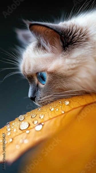 Fototapeta A close-up of a cat with blue eyes looking at a yellow leaf covered in water droplets. The image has a soft focus and a moody aesthetic.