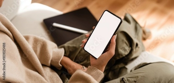 Obraz The smartphone with blank screen held by a relaxed person on a cozy sofa