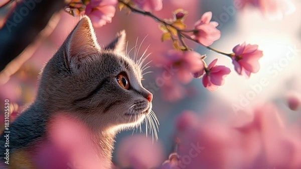 Fototapeta A close-up of a cat looking up, surrounded by pink cherry blossoms, with soft sunlight creating a dreamy atmosphere.