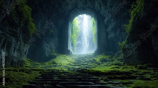 Fototapeta A cave with a stone pathway leading towards a waterfall, surrounded by lush green vegetation and illuminated by dramatic lighting.