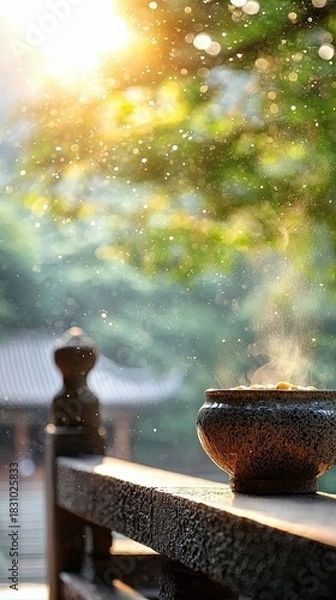 Fototapeta A ceramic bowl with steam sits on a wooden railing, with a blurred background of trees and sunlight. The scene is outdoors on a sunny day.