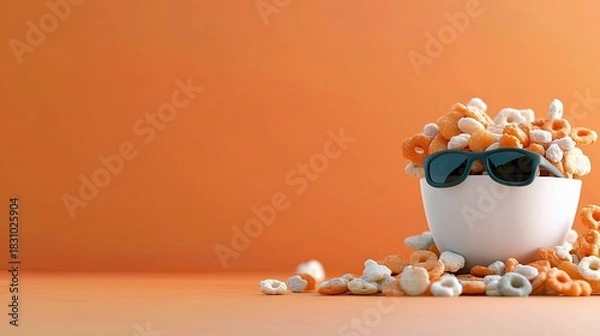 Fototapeta A white bowl filled with colorful cereal, wearing sunglasses, set against an orange background. Some cereal is scattered around the bowl.