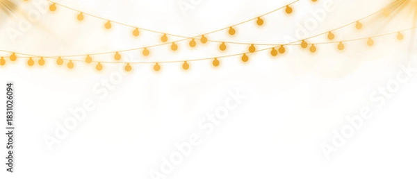 Fototapeta Golden Transparent String Lights Decoration with Hanging Bulbs perfect Element for Festival Banner or Holiday Invitation Background Overlay