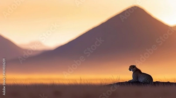 Fototapeta A cheetah rests on a small hill, silhouetted against a mountain range and a warm sunset.