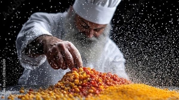 Fototapeta A chef sprinkles spices onto a pile of colorful ingredients in a kitchen setting. The image is a close-up with dramatic lighting.